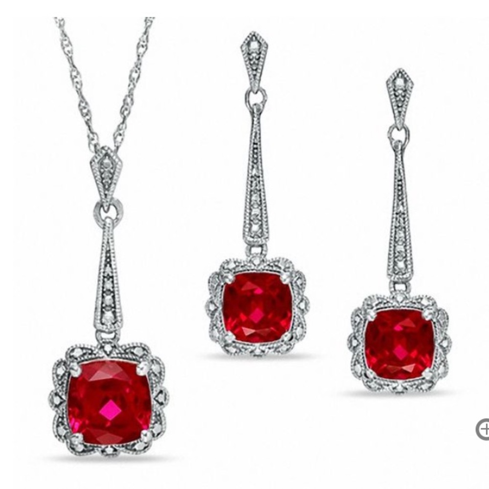 Zales Ruby Vintage-Style Pendant and Earrings Set